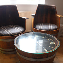 Load image into Gallery viewer, Whisky Barrel Seating with Whisky Barrel Clock Coffee Table

